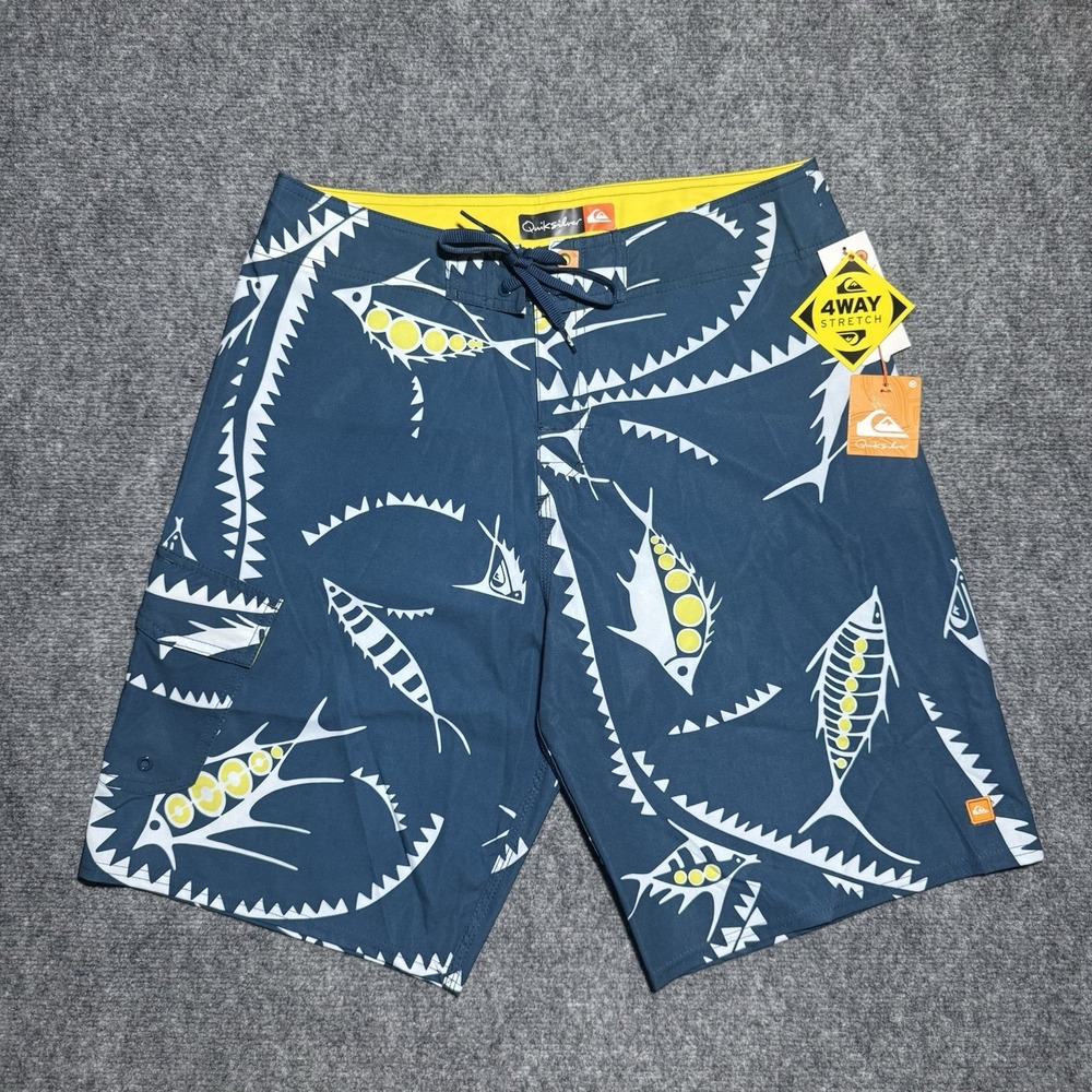 Quicksilver Board Shorts Men 32 4-Way Stretch Navy Fish All Over Print NEW NWT
